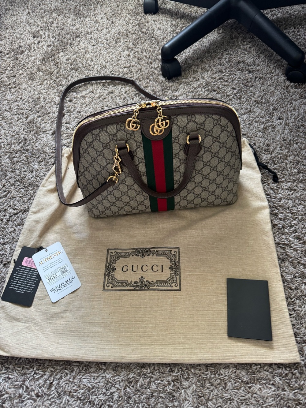 Gucci Beige GG Canvas Dome Satchel with Brown Trim and Green-Red Stripe